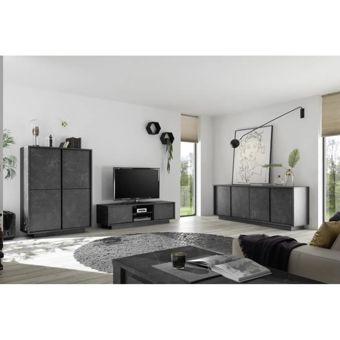 Argentier 4 portes CARRARA décor marbre noir