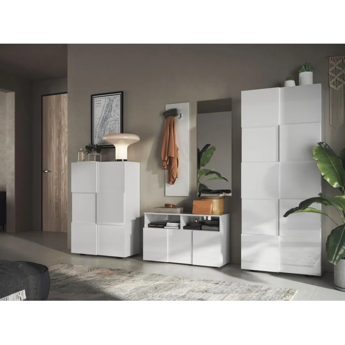 Armoire de couloir Damano 2 Portes Laqué Blanc Brillant L78 x H 187 cm