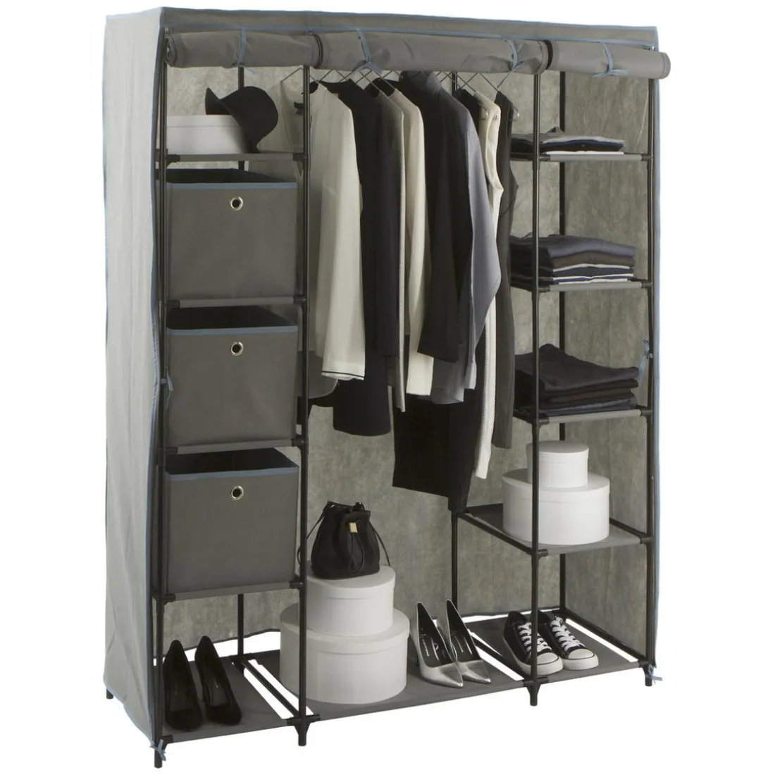 Armoire penderie 3 boîtes tissu gris anthracite