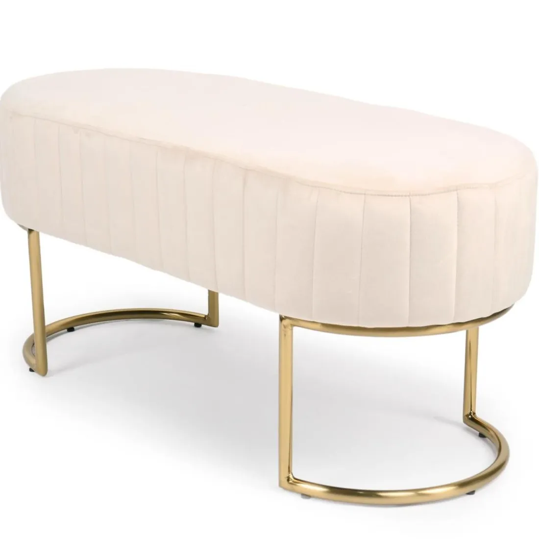 Banquette élégante matelassée Philomena pieds métal doré et Velours Beige