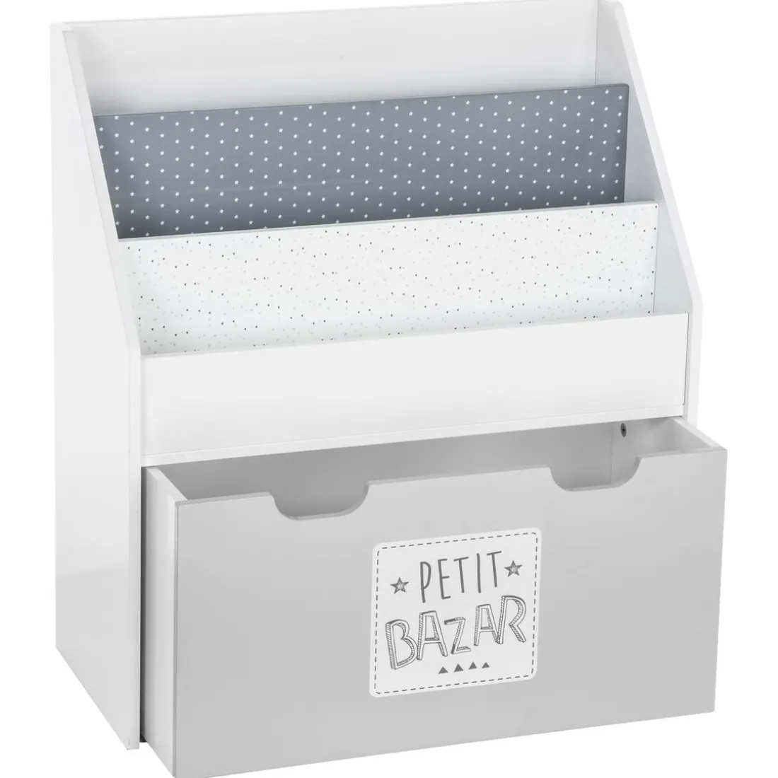 Bibliothèque gris avec bac de rangement sur roulette