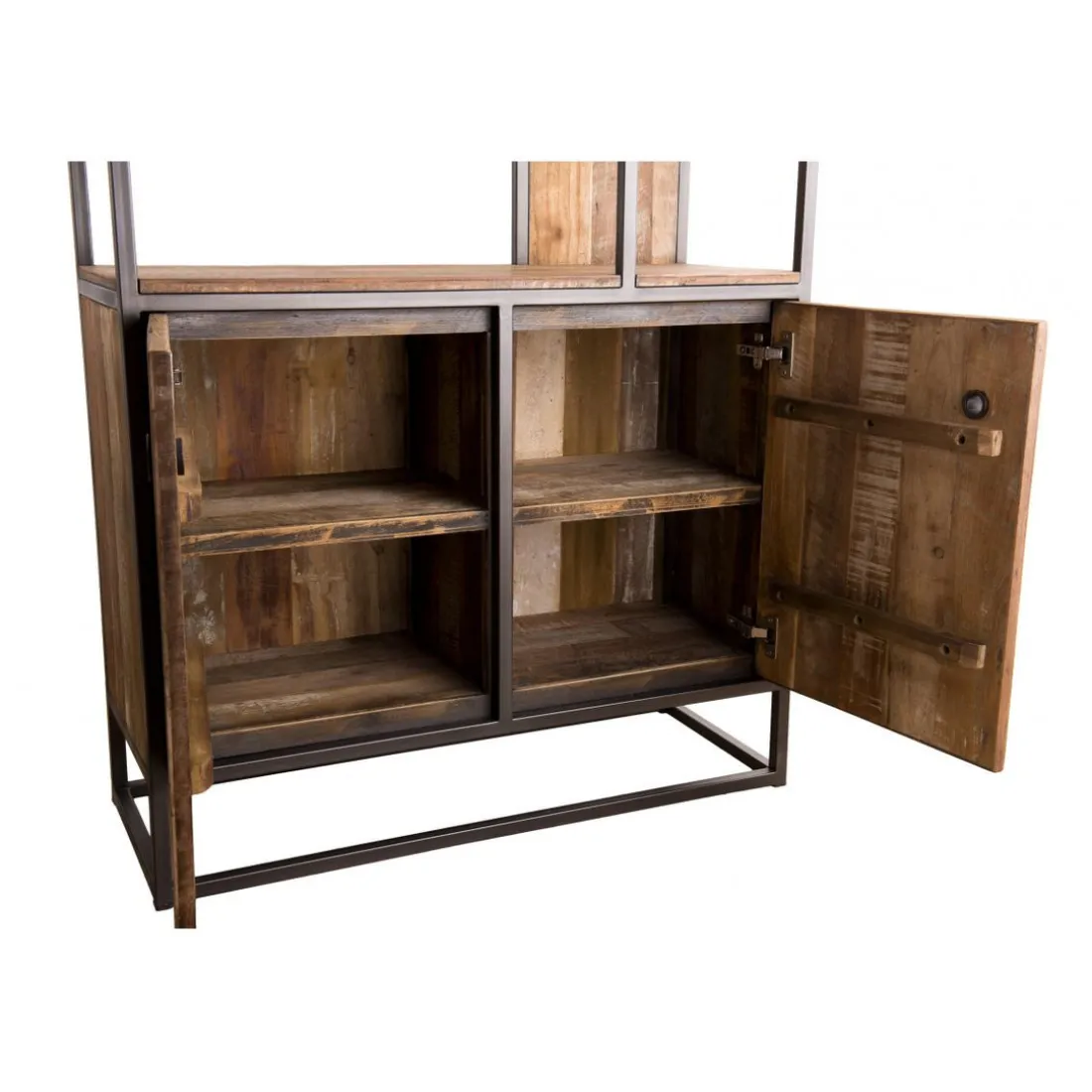 Bibliothèque Haute ALIDA 2 Portes Et 10 Open Space Bois Teck Recyclé Acacia Mahogany Et Métal