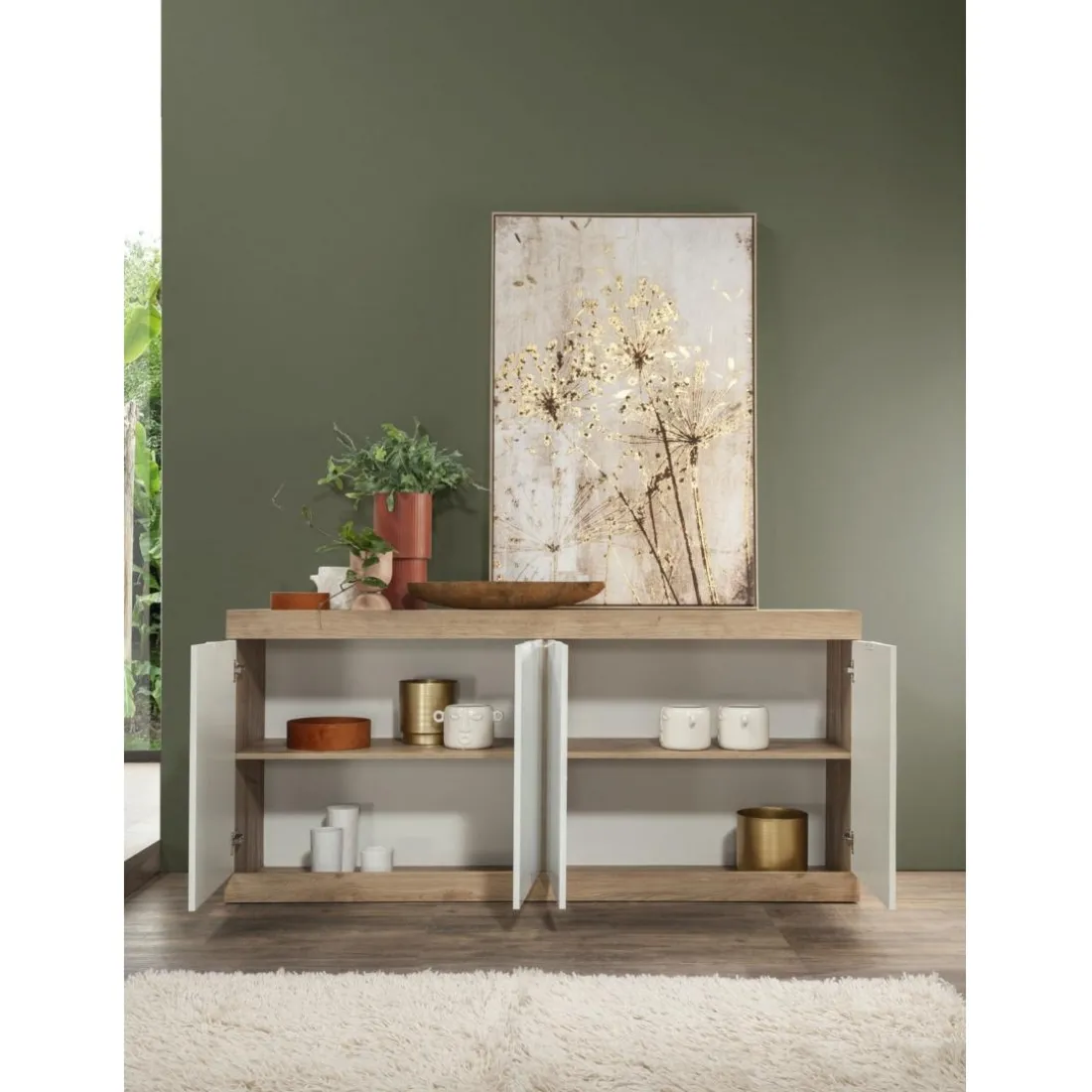 Buffet 4 portes chene cadiz blanc laqué brillant