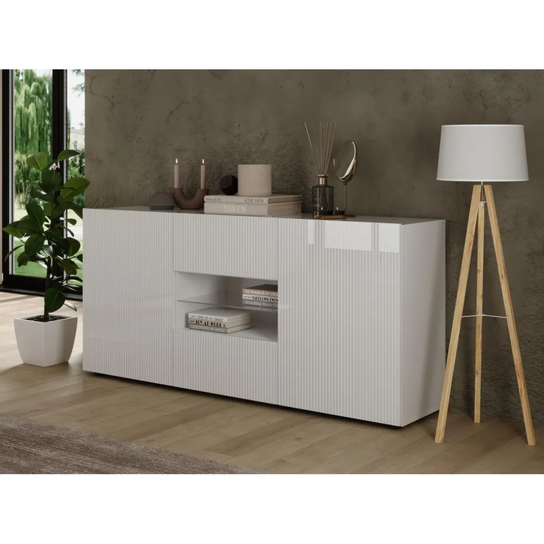 Buffet 2 portes 2 tiroirs RIO blanc laqué brillant