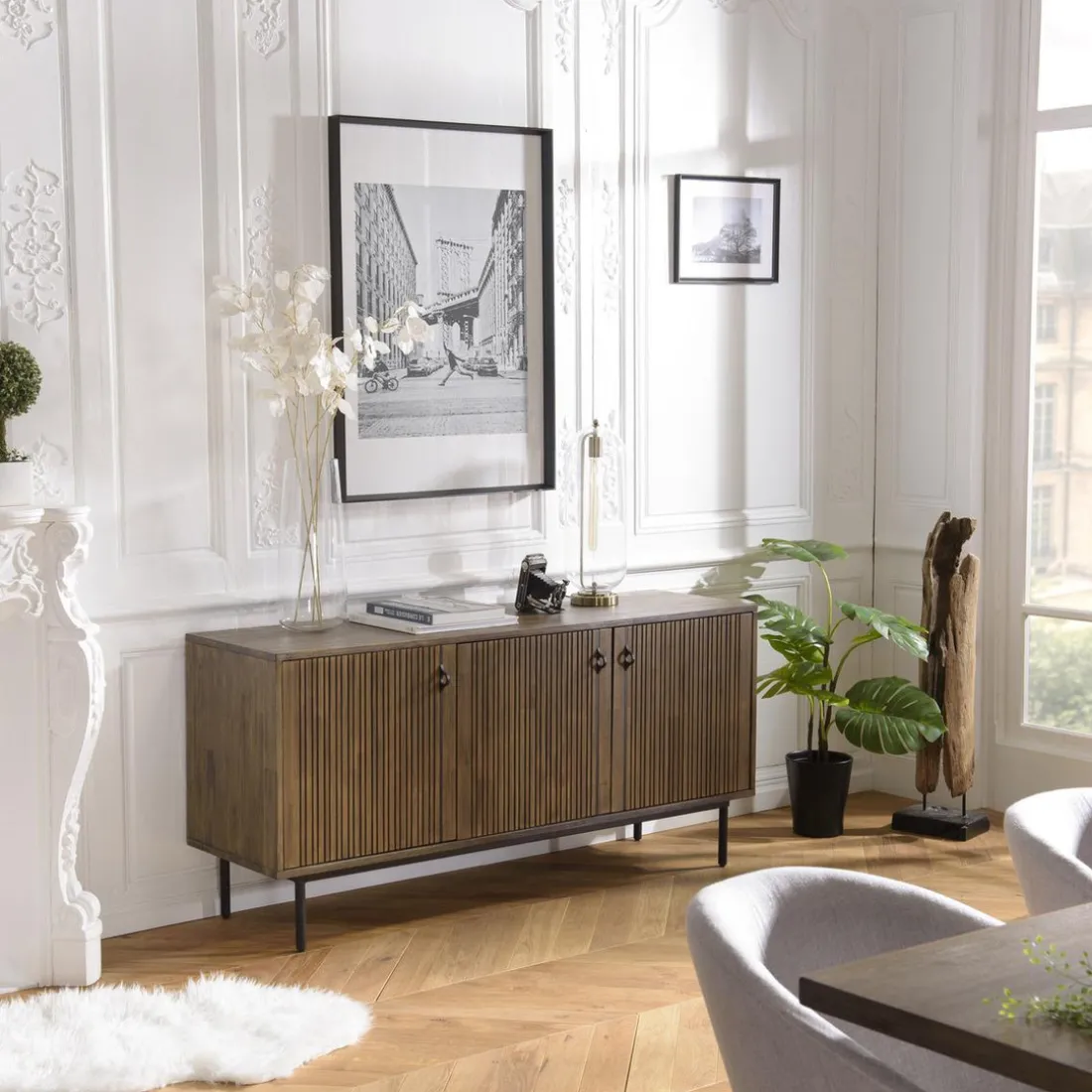 Buffet 3 Portes Acacia Pieds Métal GINO
