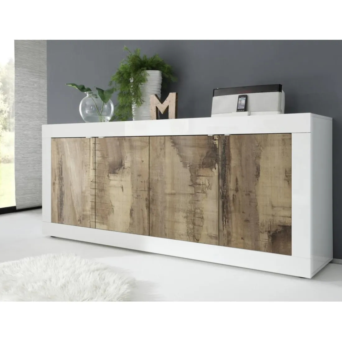 Buffet 4 portes BASIC blanc et décor chene pero