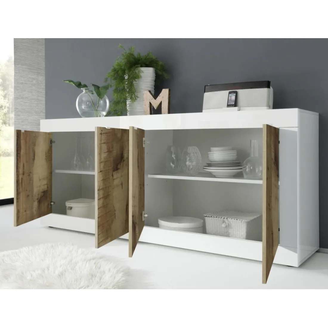Buffet 4 portes BASIC blanc et décor chene pero