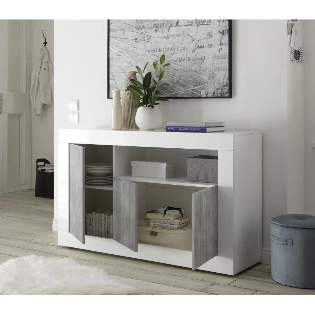 Buffet 3 portes battantes URBINO blanc laqué et cement