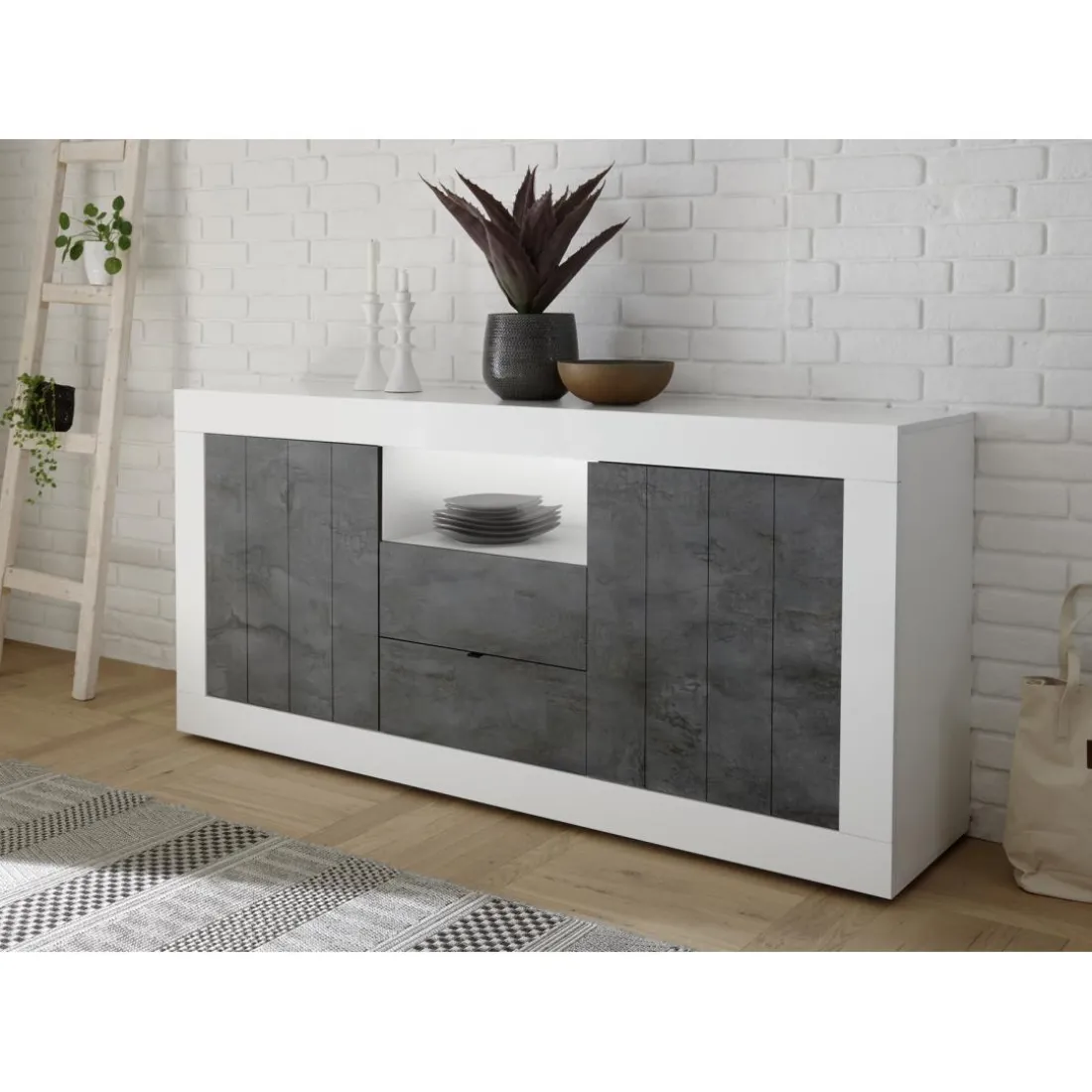 Buffet 2 portes battantes et 2 tiroirs URBINO blanc laqué et oxyde