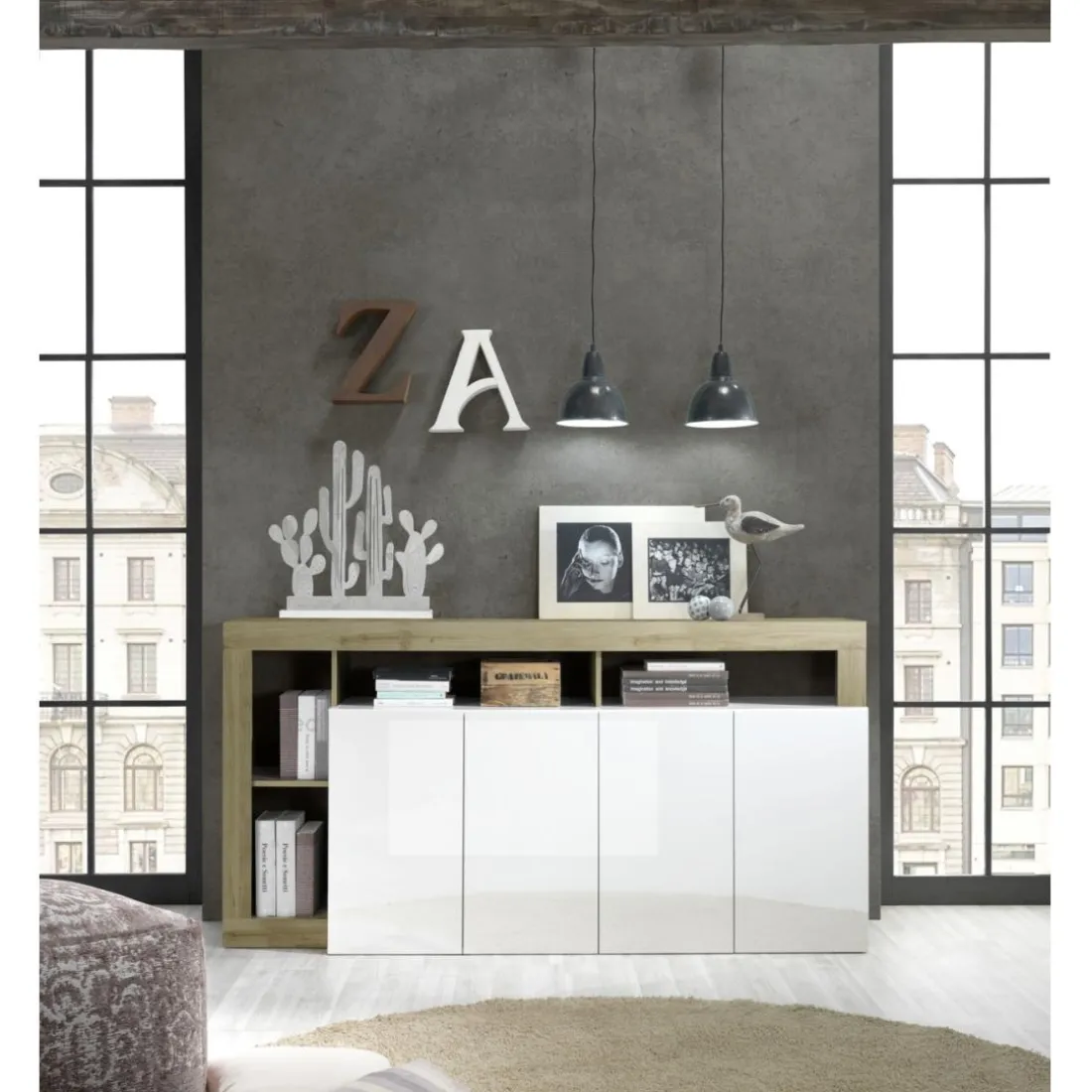 Buffet 4 portes blanc lacqué brillant chene Cadiz