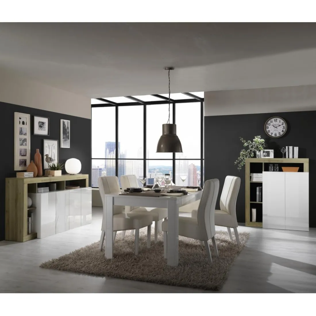 Buffet 4 portes blanc lacqué brillant chene Cadiz