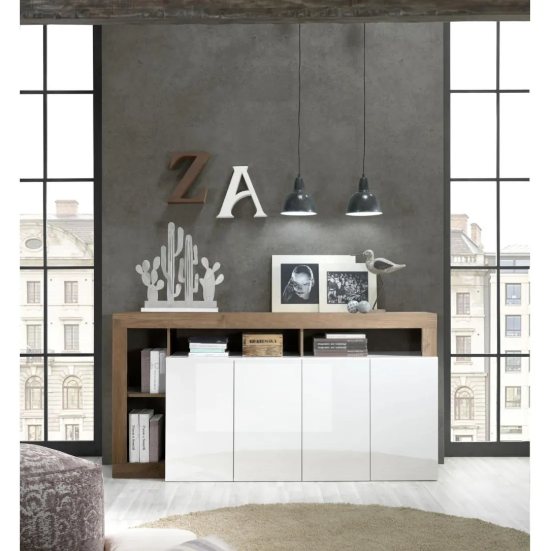 Buffet 4 portes blanc lacqué brillant bois mercure