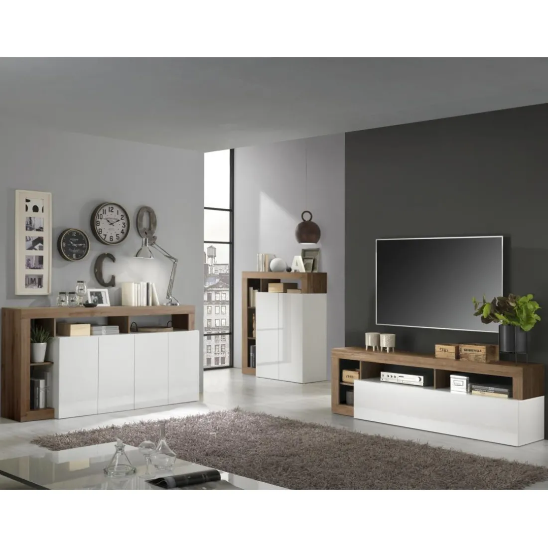 Buffet 4 portes blanc lacqué brillant bois mercure