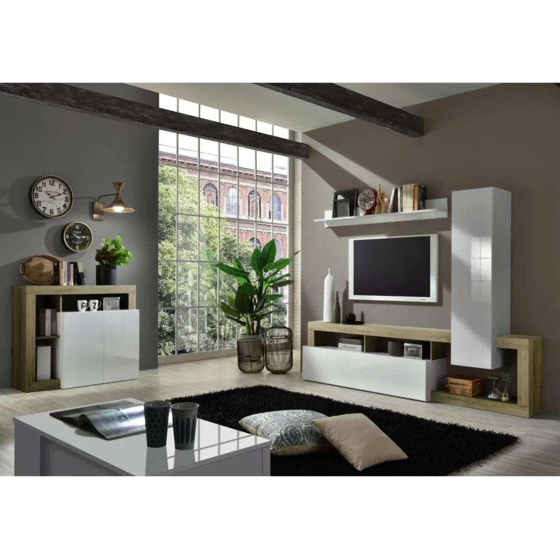 Buffet 2 portes blanc lacqué brillant chene Cadiz