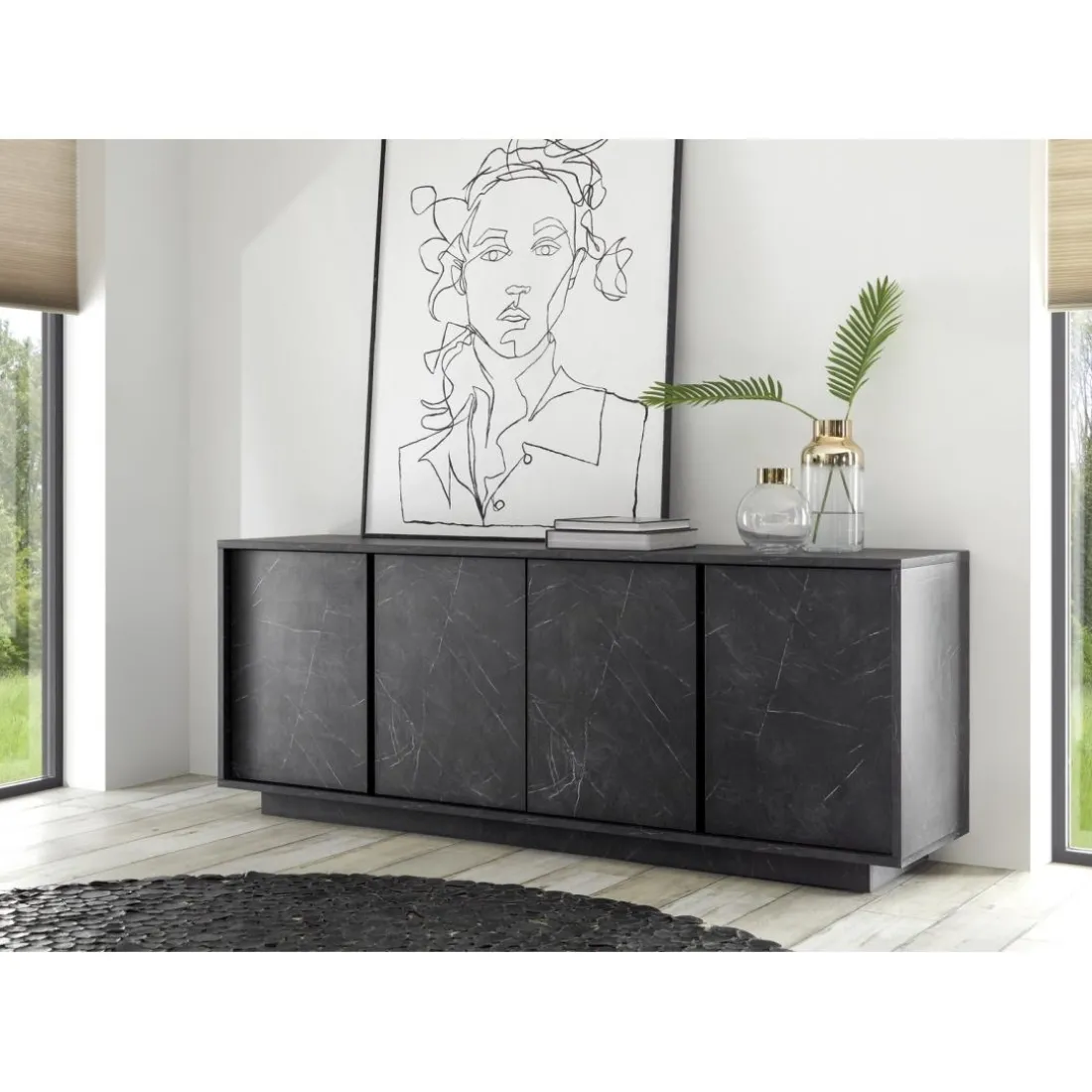 Buffet 4 portes CARRARA décor marbre noir