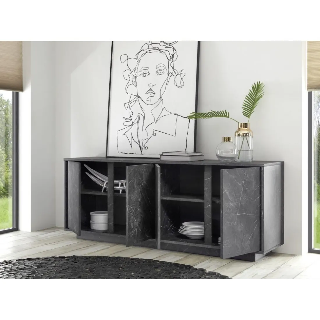 Buffet 4 portes CARRARA décor marbre noir