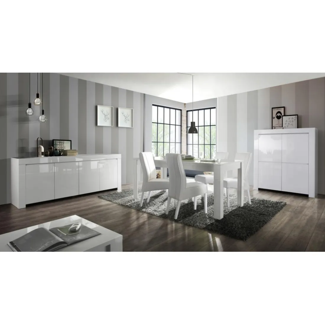 Buffet 4 portes en bois AMALFI laqué blanc brillant