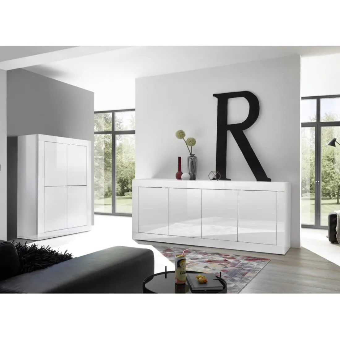 Buffet 4 portes en bois BASIC laqué blanc brillant
