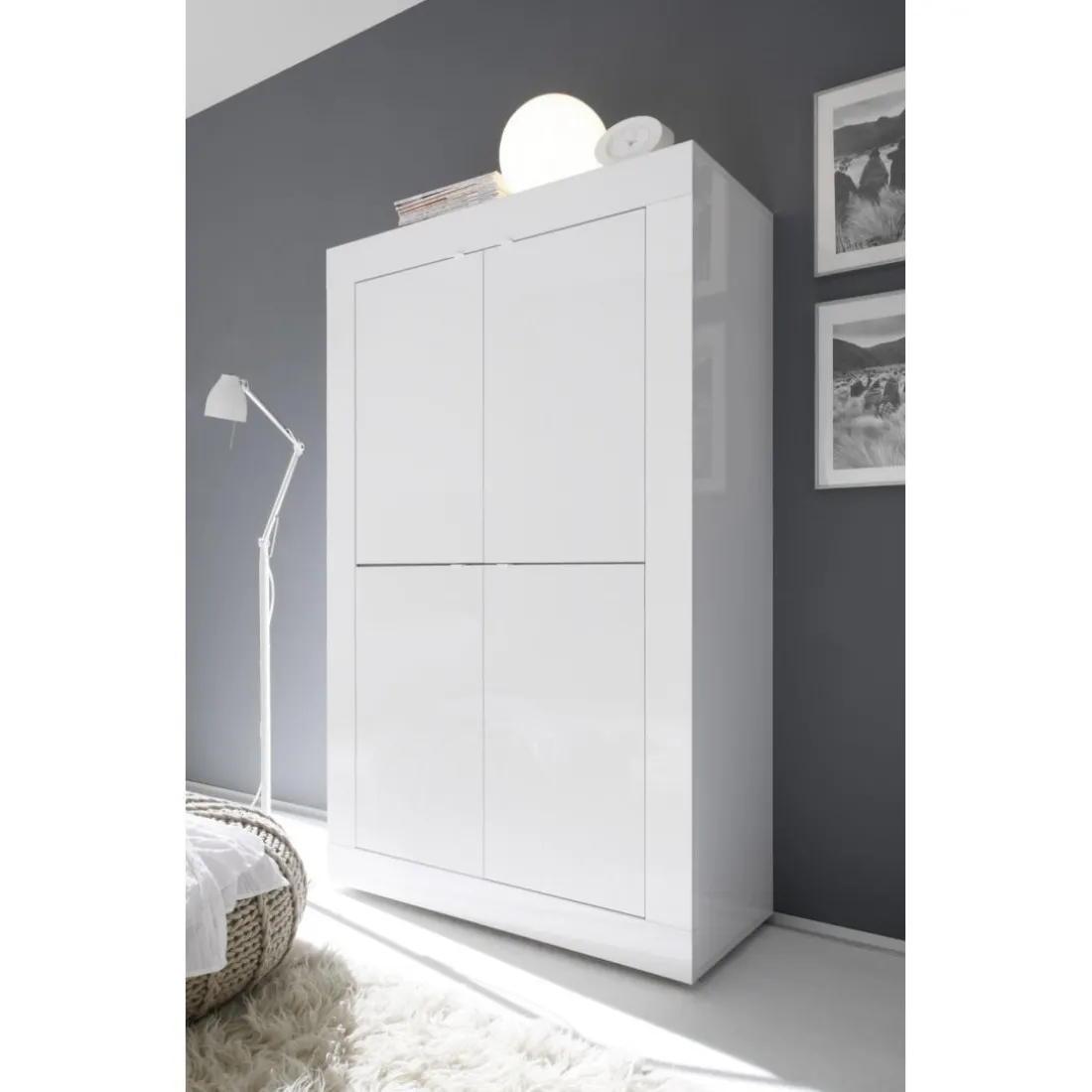 Buffet 4 portes en bois BASIC laqué blanc brillant