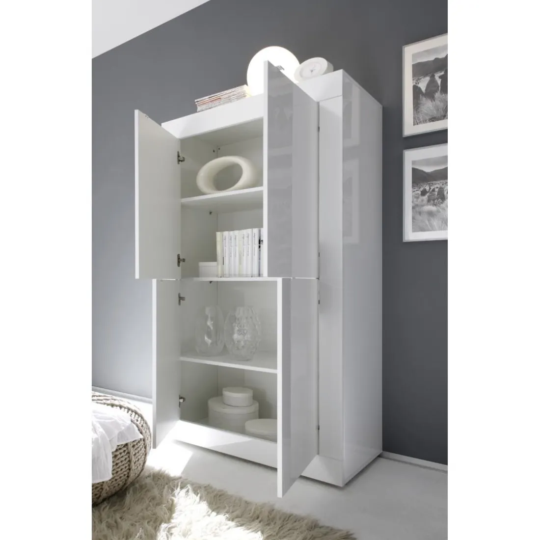 Buffet 4 portes en bois BASIC laqué blanc brillant