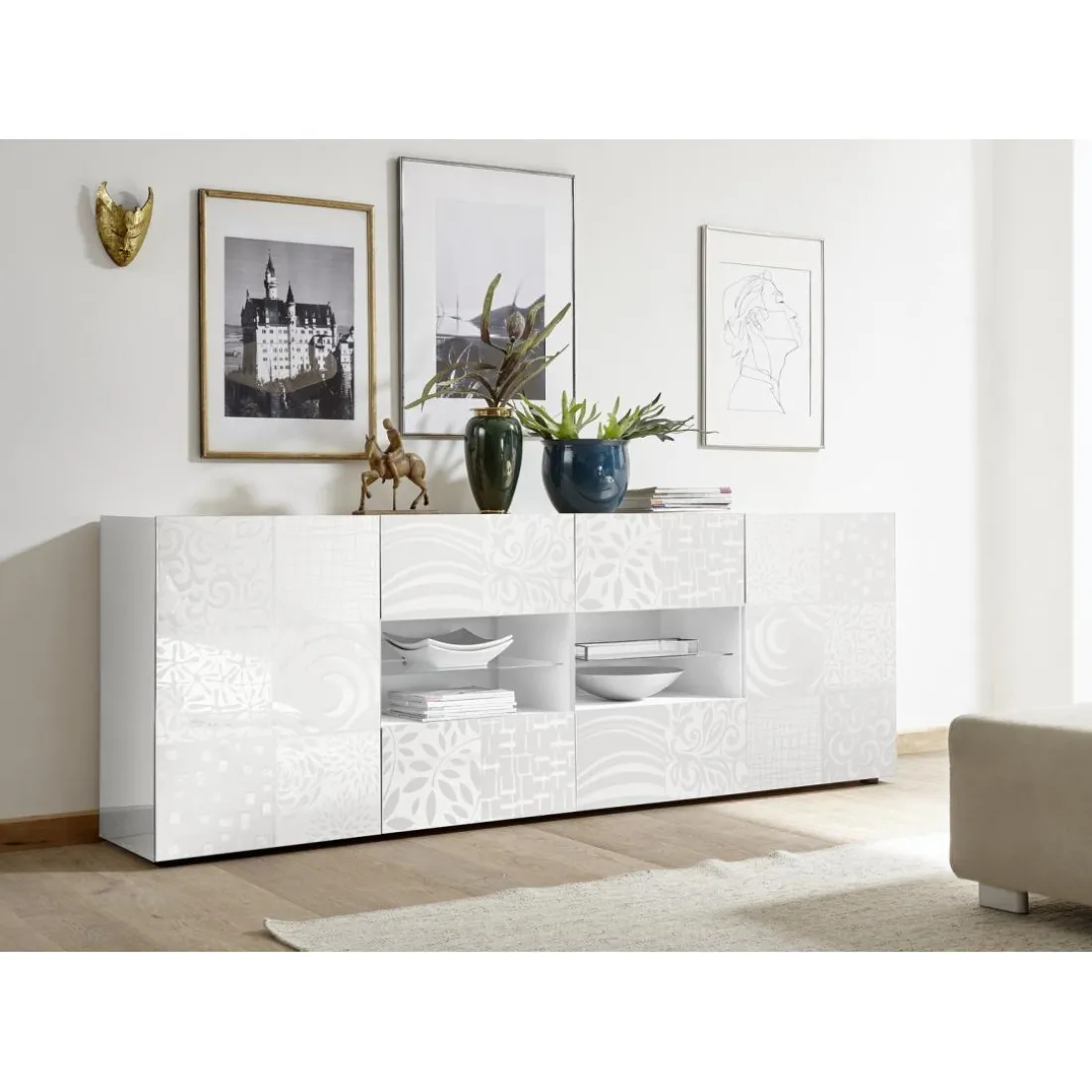 Buffet 2 portes et 4 tiroirs MIRO laqué blanc brillant