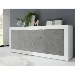 Buffet 2 portes et 3 tiroirs BASIC blanc et décor beton