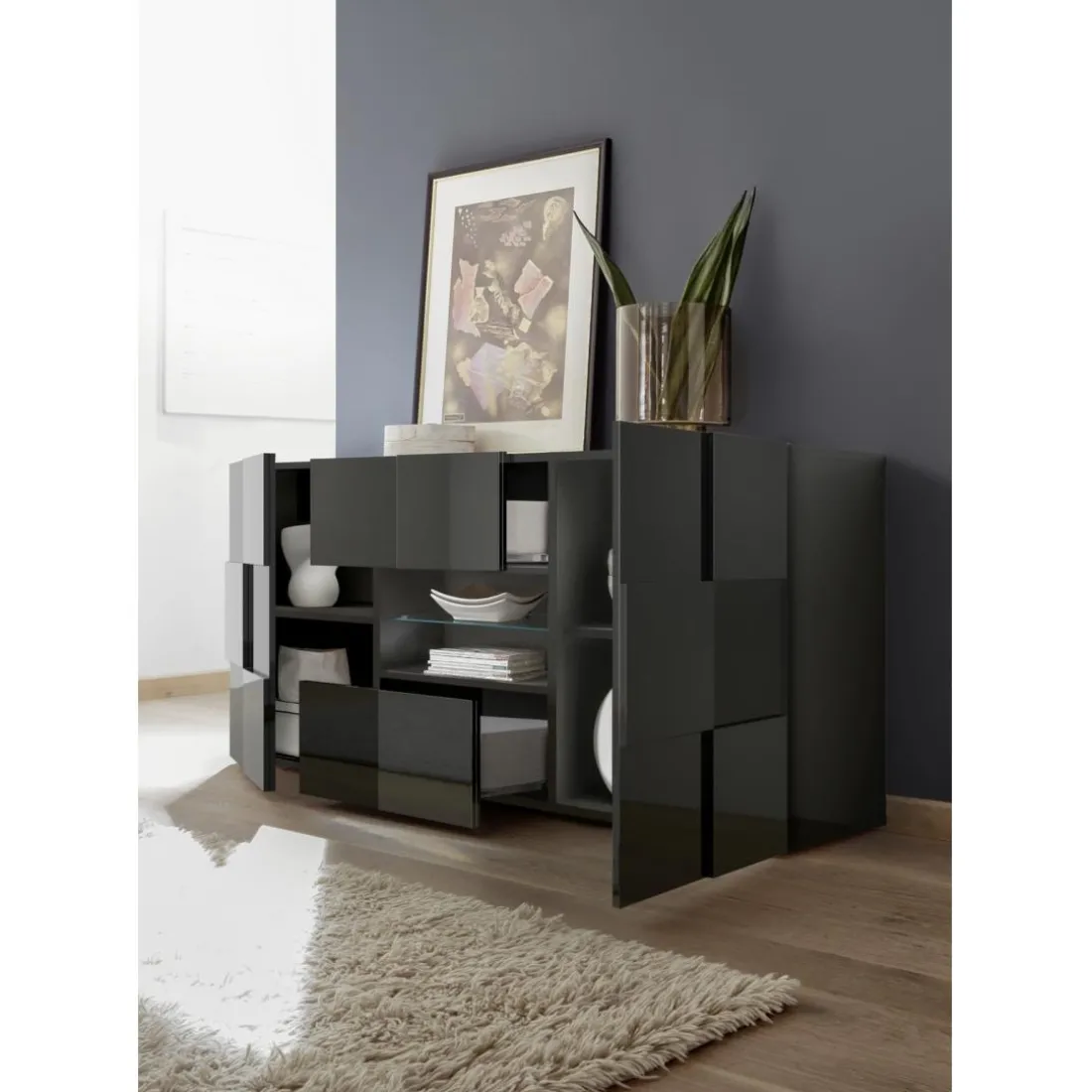 Buffet 2 portes et 2 tiroirs DAMA laqué anthracite brillant