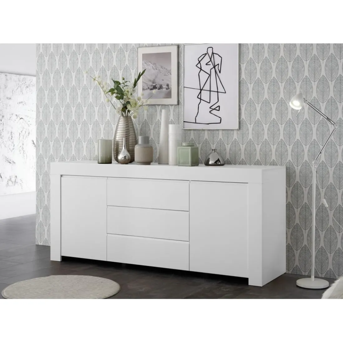 Buffet 2 portes et 3 tiroirs en bois FIRENZE blanc opaque
