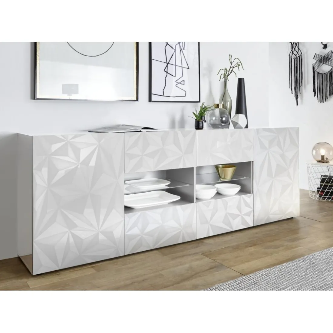 Buffet 2 portes et 4 tiroirs PRISMA laqué blanc brillant