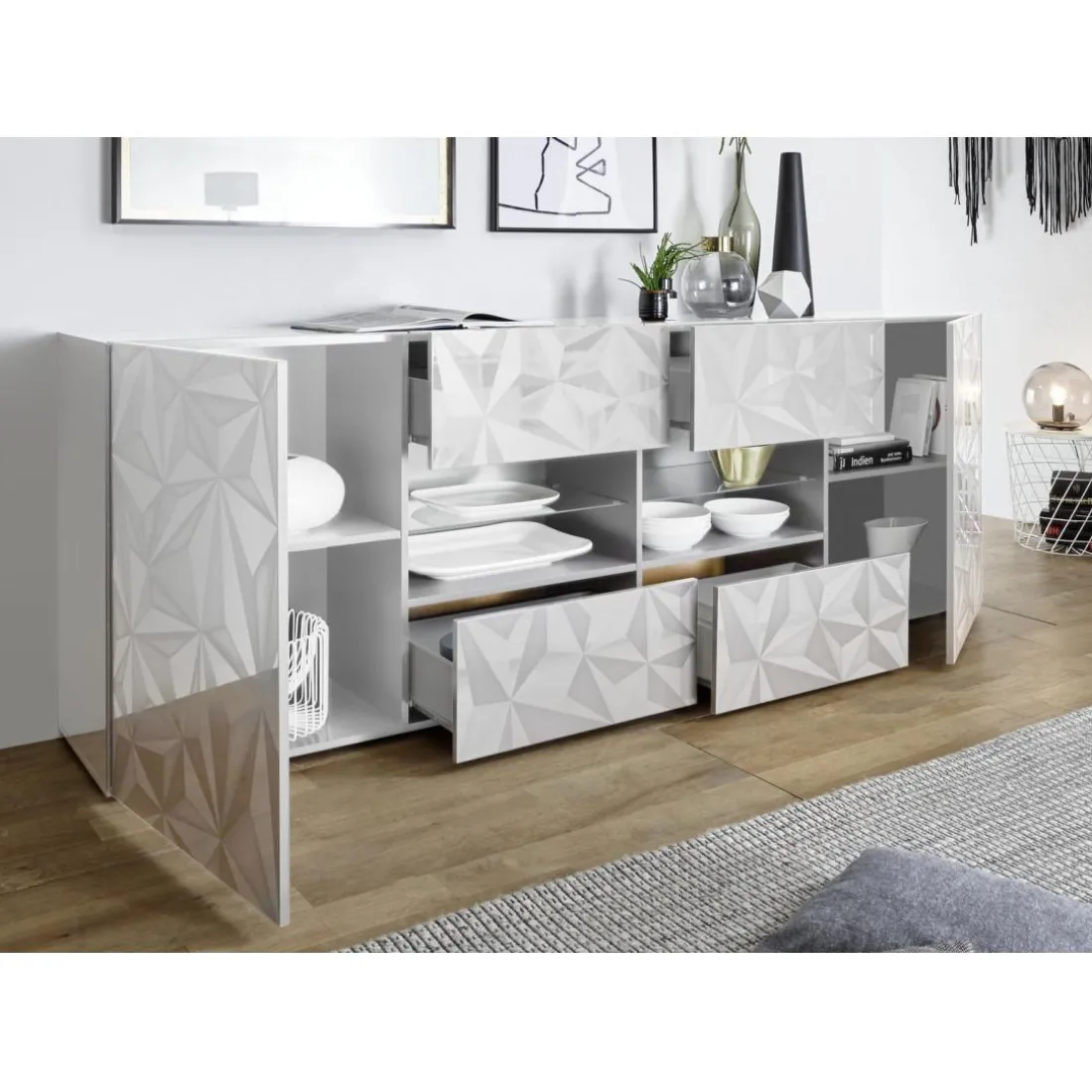 Buffet 2 portes et 4 tiroirs PRISMA laqué blanc brillant