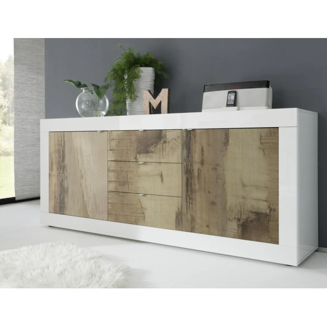 Buffet 2 portes et 3 tiroirs BASIC blanc et décor chene pero