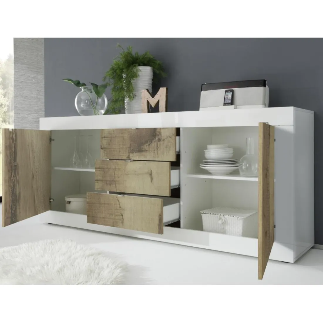 Buffet 2 portes et 3 tiroirs BASIC blanc et décor chene pero