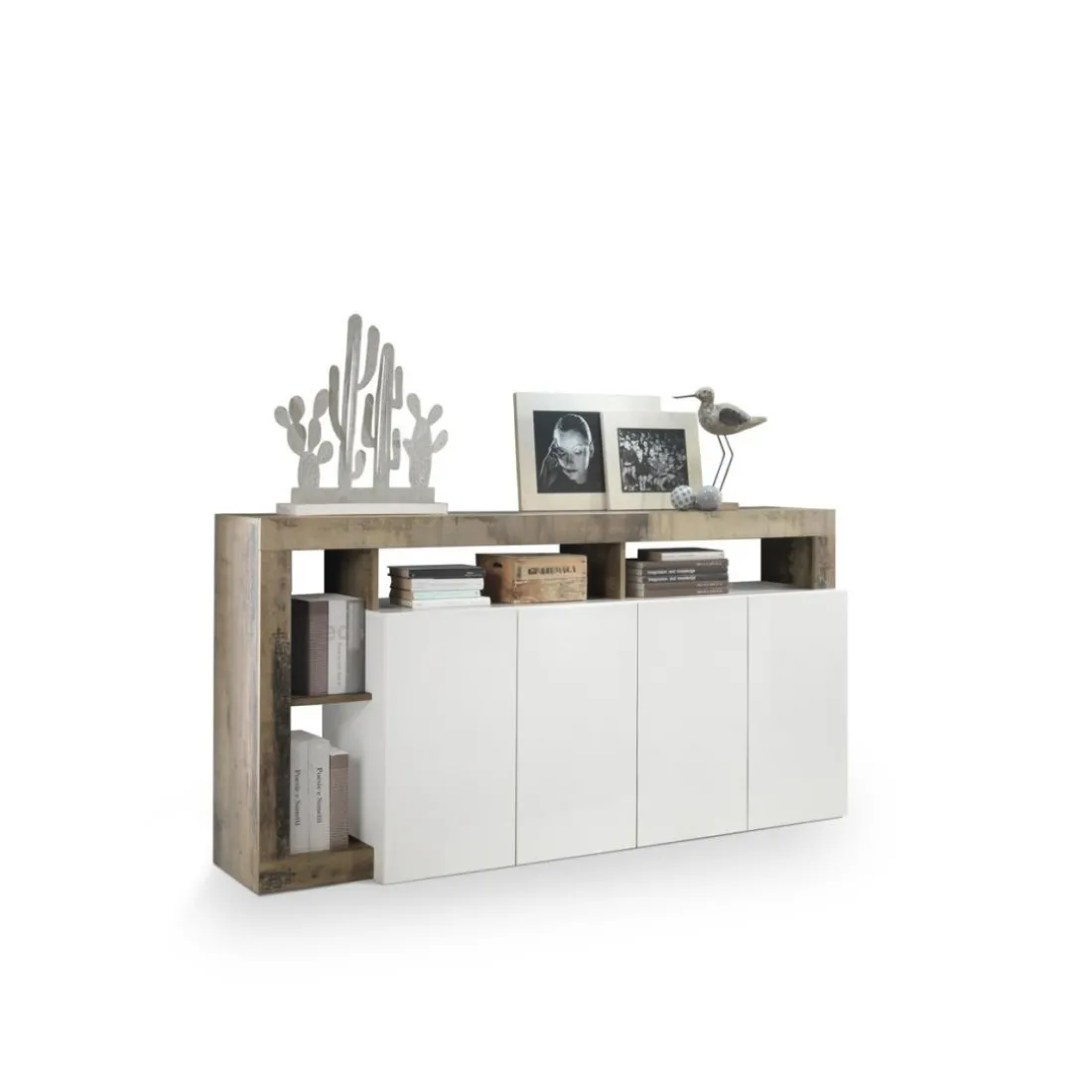 Buffet 4 portes HAMBURG décor chene et laqué blanc