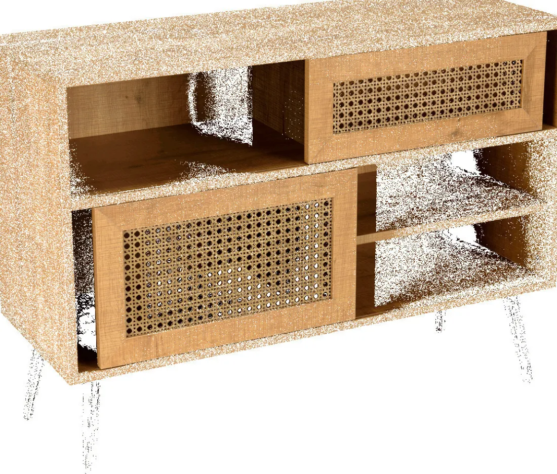 Buffet bas marron 3 niches 2 portes effet cannage pieds métal CHARLIE