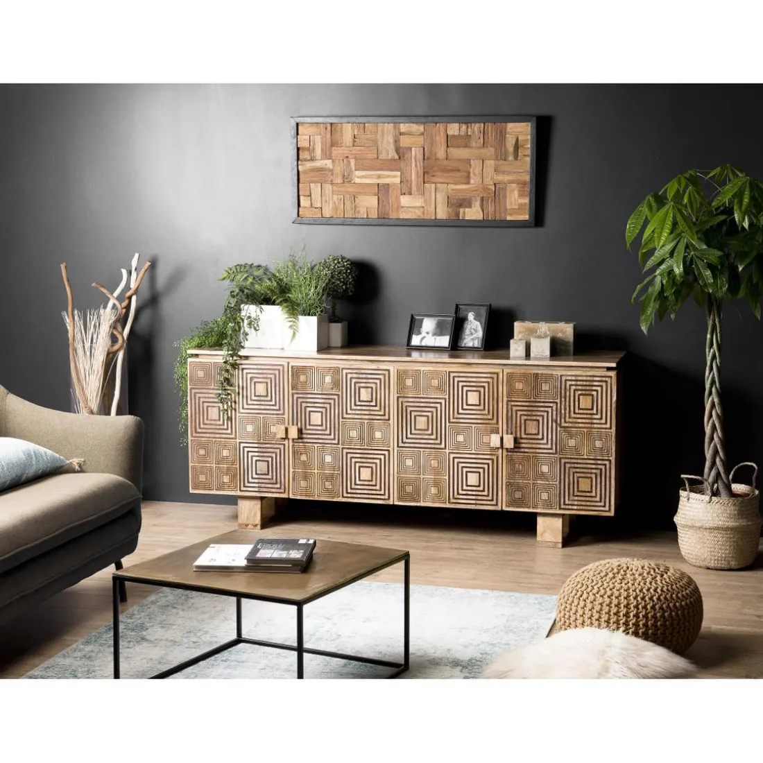 Buffet bois Manguier 177x45cm 4 portes 2 étagères Goa
