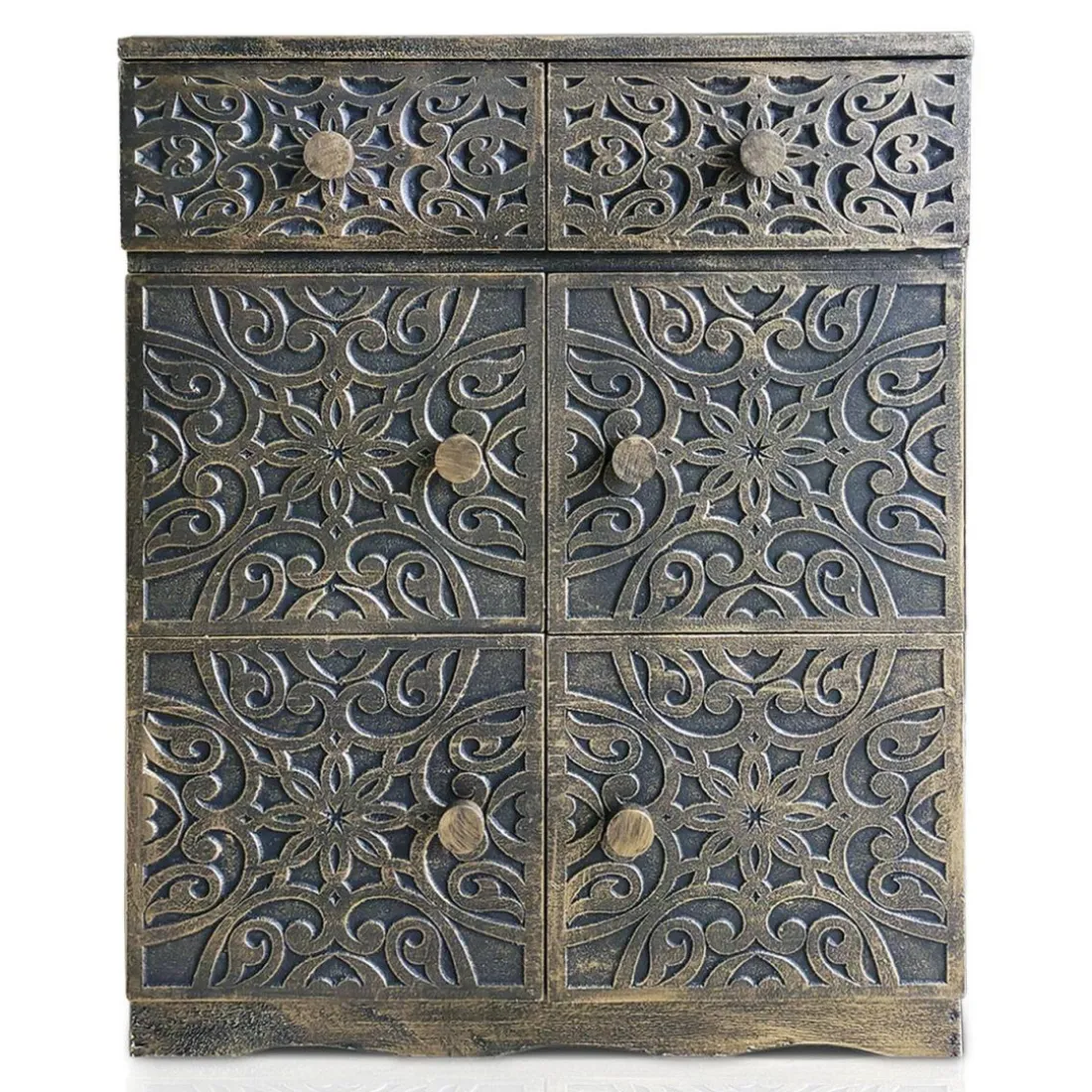 Buffet bois sculpté style oriental 6 portes L70cm Matana Bronze patiné