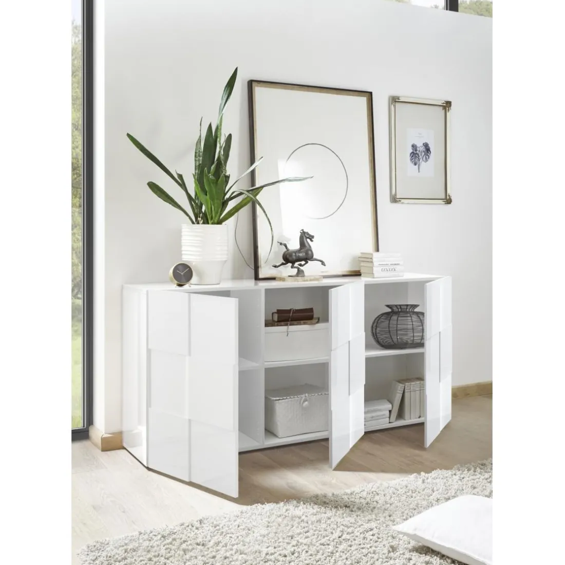 Buffet de salon laqué blanc 3 portes en bois DAMA