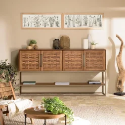 Buffet en bois de teck recyclé 4 portes en tissage de bambou