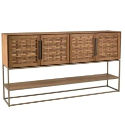 Buffet en bois de teck recyclé 4 portes en tissage de bambou