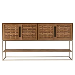 Buffet en bois de teck recyclé 4 portes en tissage de bambou