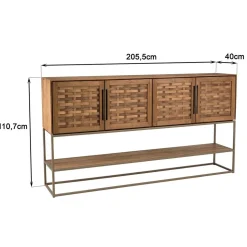 Buffet en bois de teck recyclé 4 portes en tissage de bambou