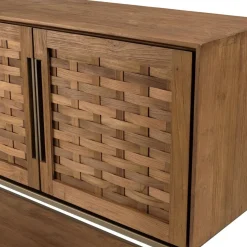 Buffet en bois de teck recyclé 4 portes en tissage de bambou