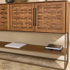 Buffet en bois de teck recyclé 4 portes en tissage de bambou