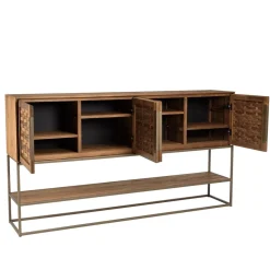 Buffet en bois de teck recyclé 4 portes en tissage de bambou
