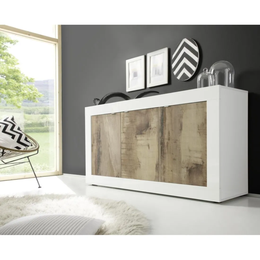 Buffet haut 4 portes en bois BASIC blanc et décor chene pero
