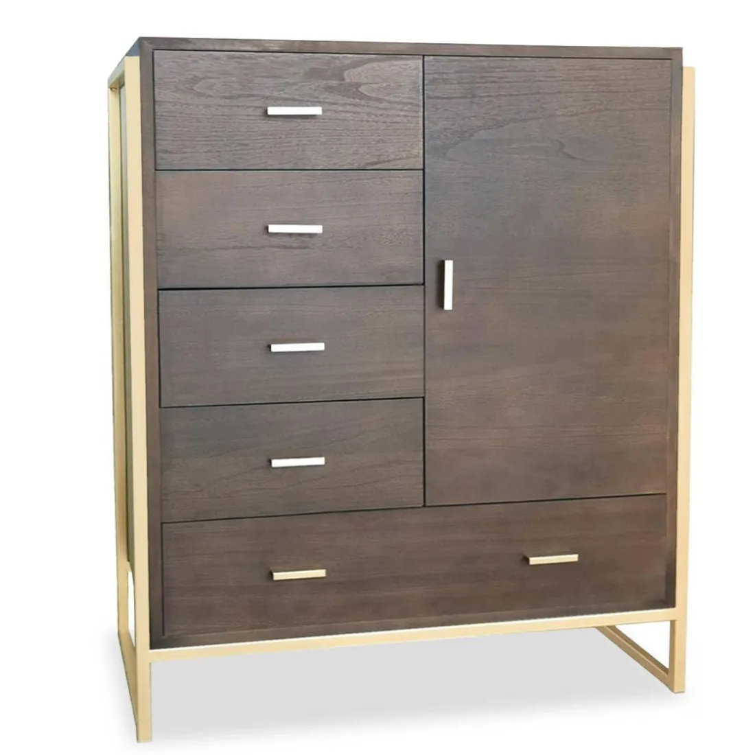 Buffet haut 5 tiroirs et 1 porte L90cm Bois Marron et Métal Or
