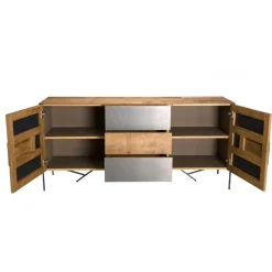Buffet MADISON 2 Portes 3 Tiroirs Bois Teck Recyclé Façade Métal Et Pieds Métal