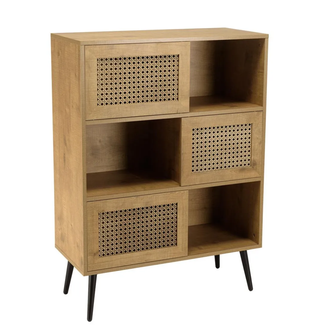 Buffet marron 3 niches 3 portes effet cannage pieds métal CHARLIE