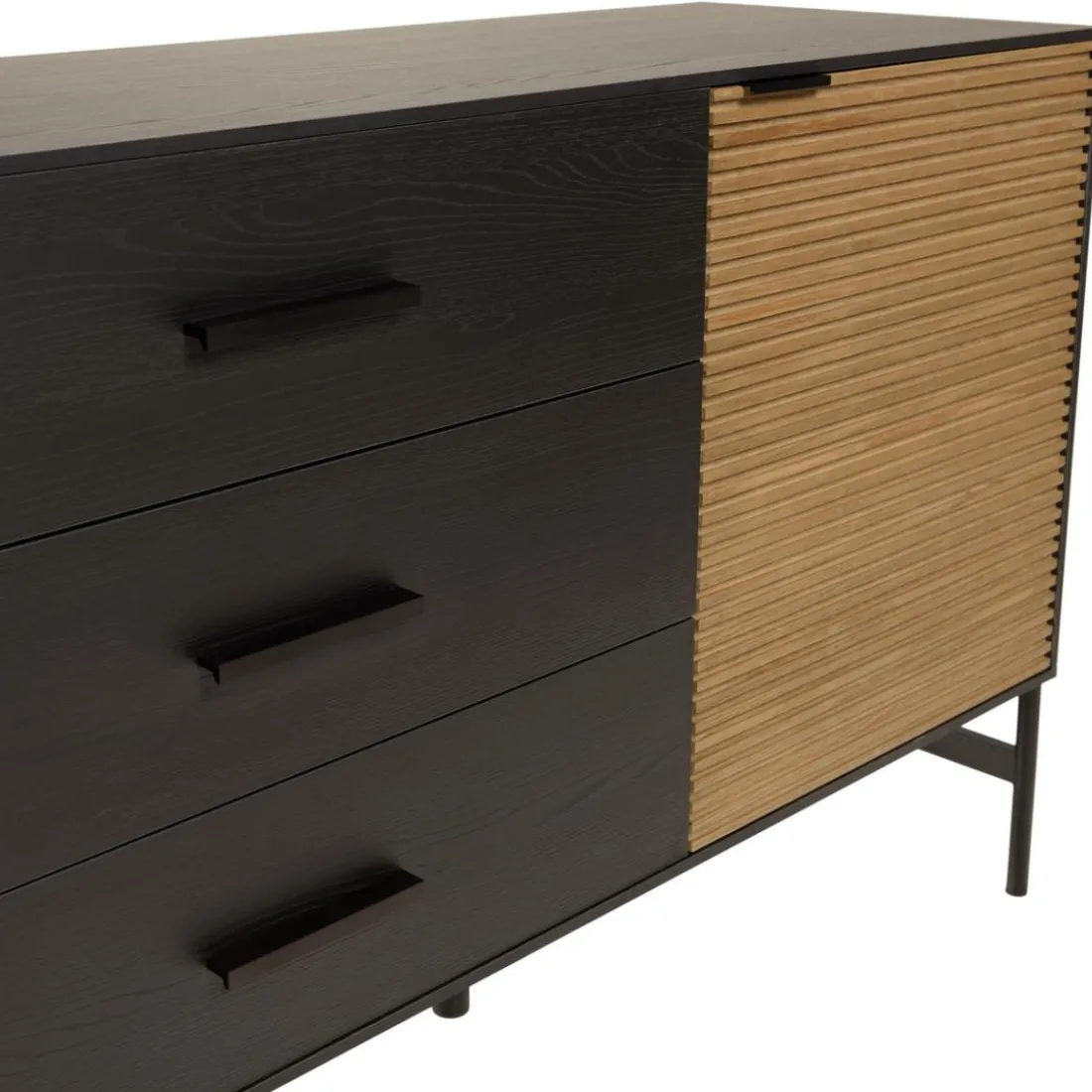 Buffet marron et noir 3 tiroirs 2 portes Pin pieds métal noir