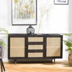 Buffet Noir 2 Portes Coulissantes 1 Porte Abattante Cannage YANIS